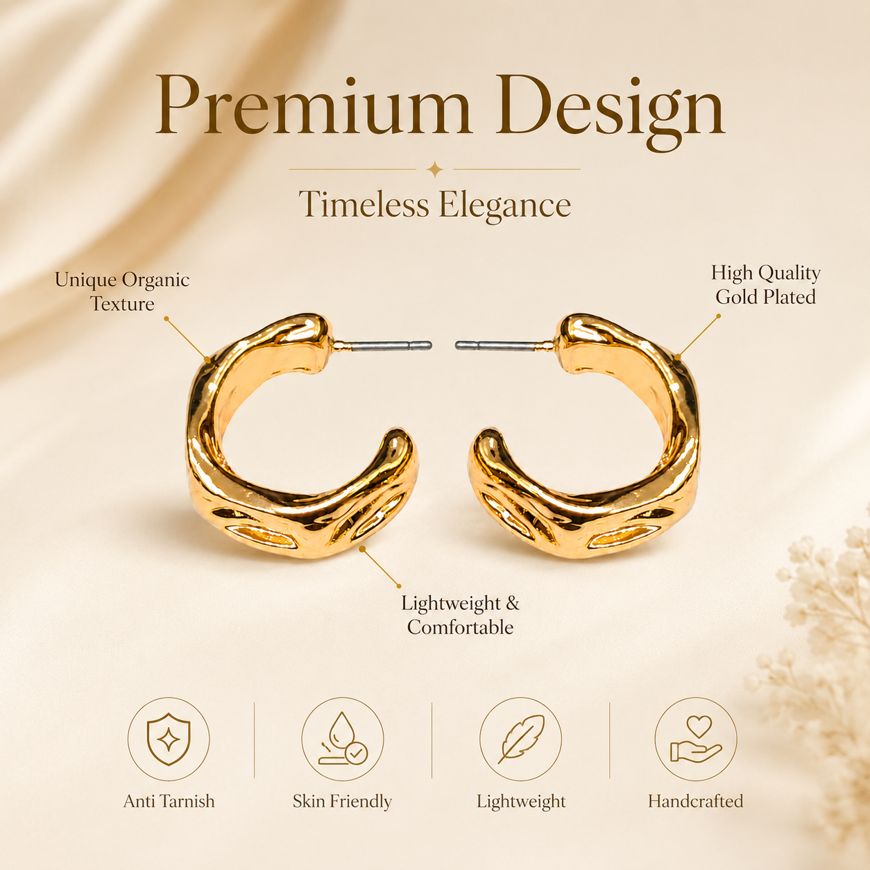 Detailed view of modern sculpted gold hoop earrings