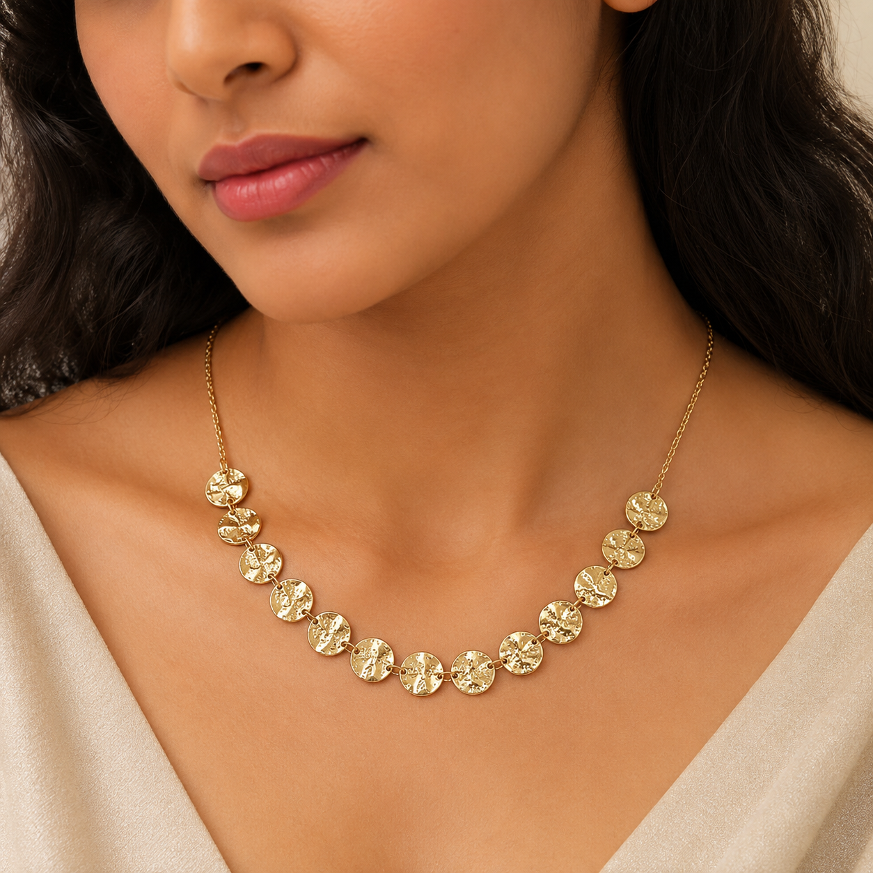 Gold Textured Coin Charm Necklace