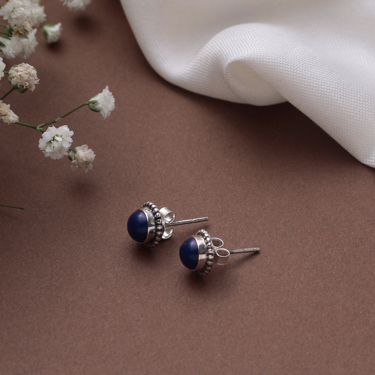 925 Silver tiny round Lapiz stone Eartops handmade in Bezel setting with push closure in Oxidised finish.