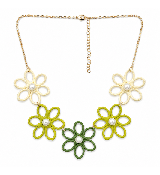 Green floral pearl statement necklace on white background