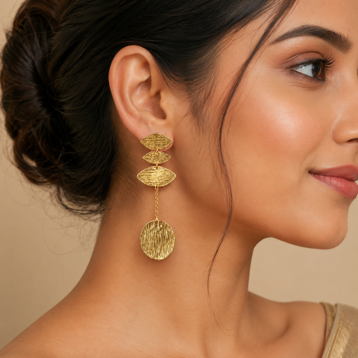 Gold Textured Leaf Chain Drop Earrings