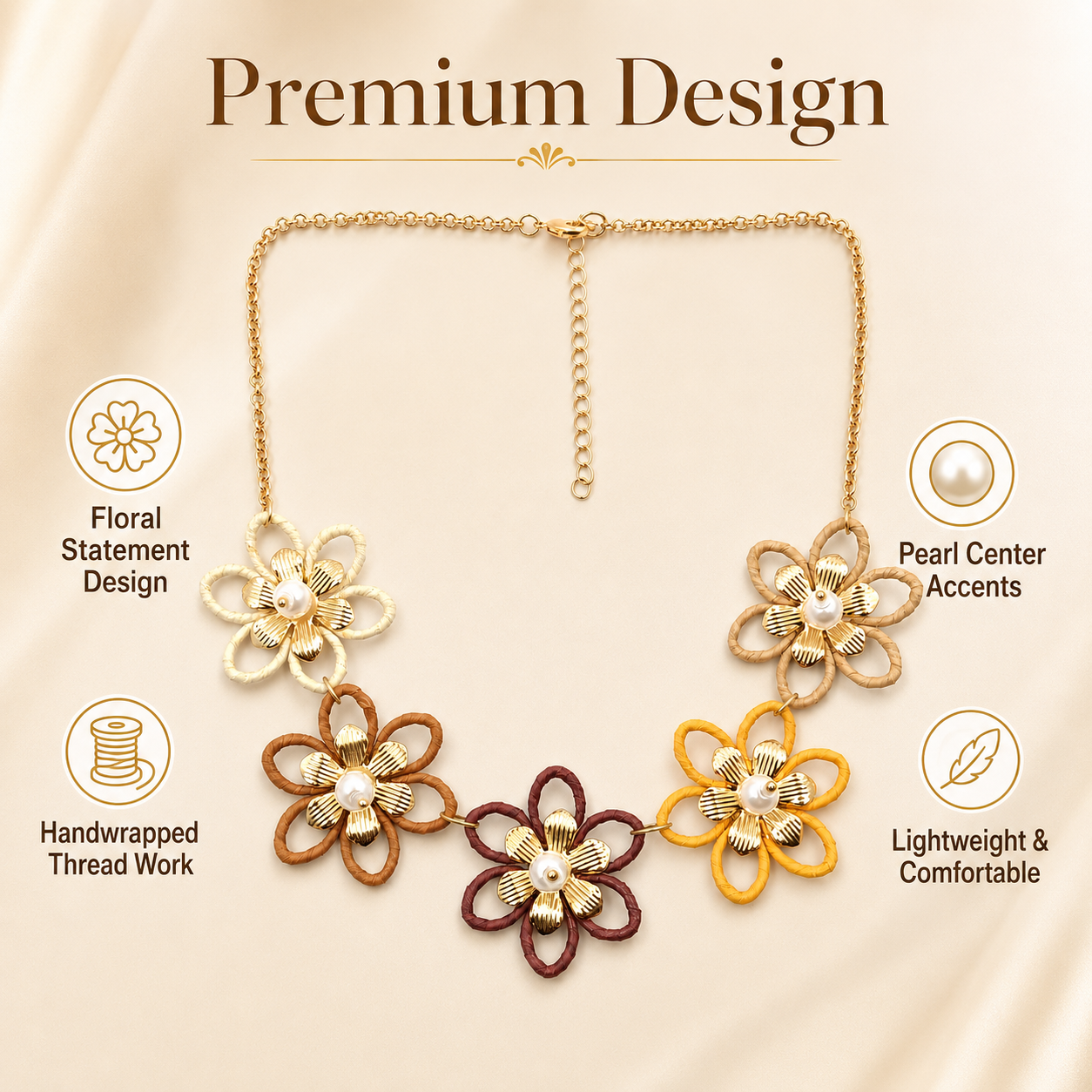 Detailed view of ivory brown mustard and maroon flower necklace