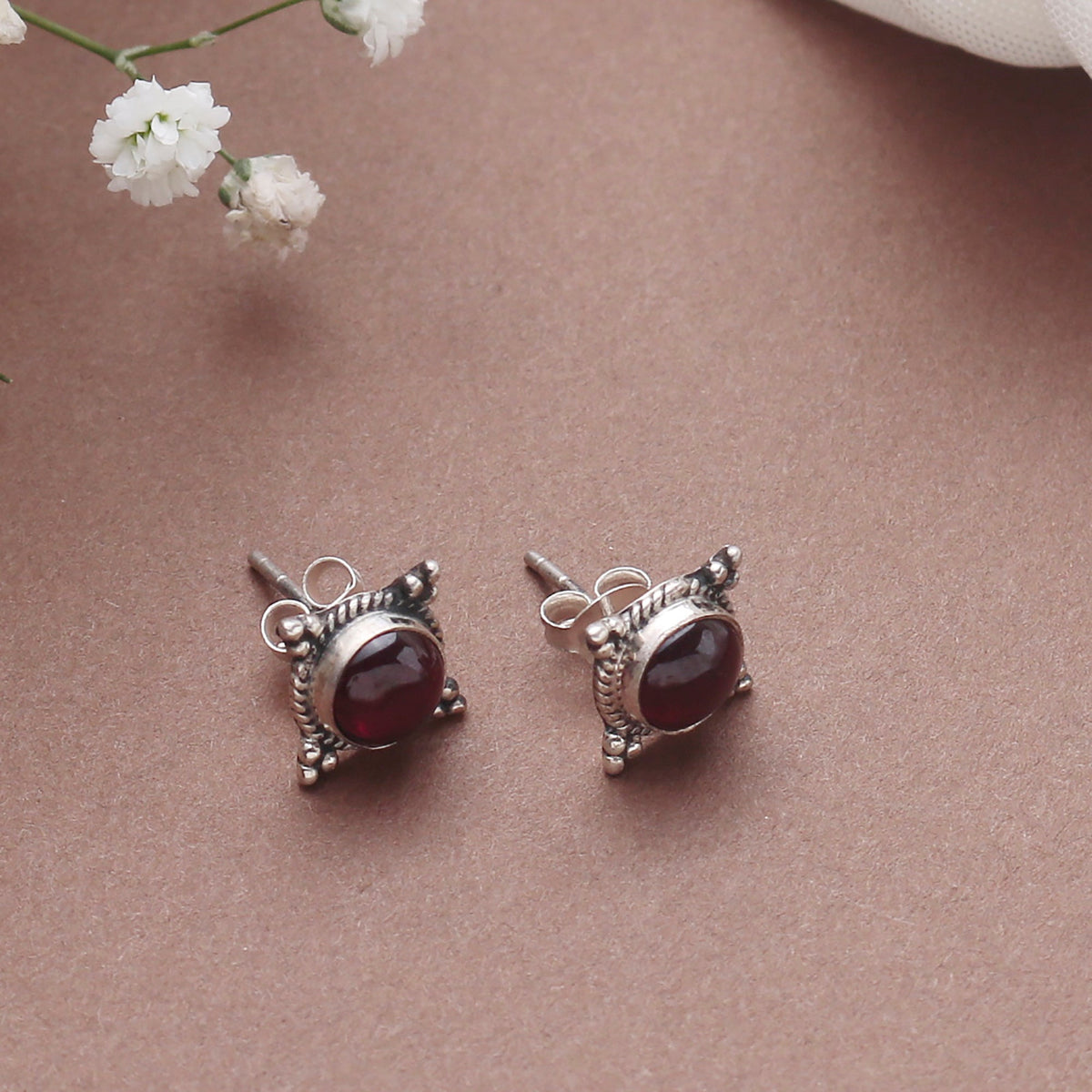 925 silver round faceted Garnet Gemstone Eartops Handmade in Bezel setting with push closure in Oxidised finish.