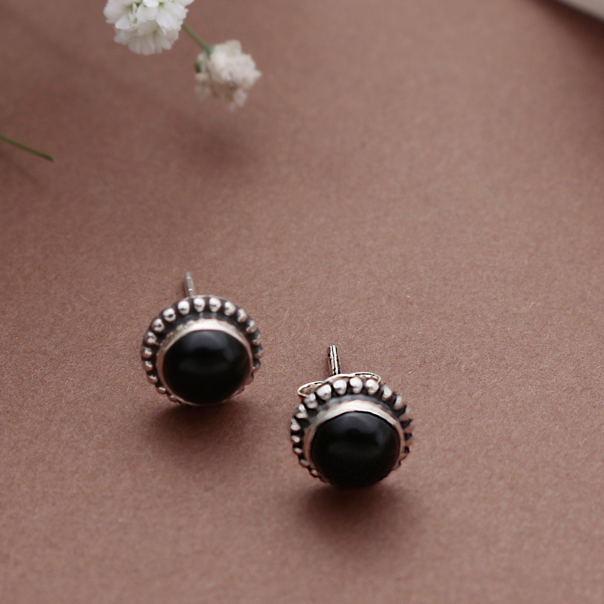 925 Sterling Silver Black Onyx Stud Earrings for Women | Bold Black Handmade Eartops | Minimalist Daily Jewelry