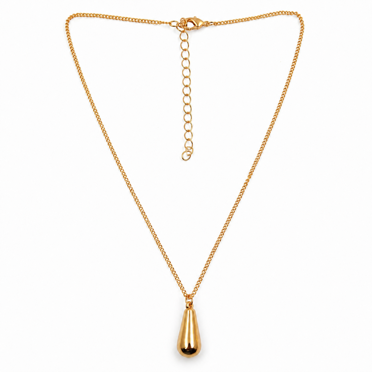 Gold polished teardrop pendant necklace on white background