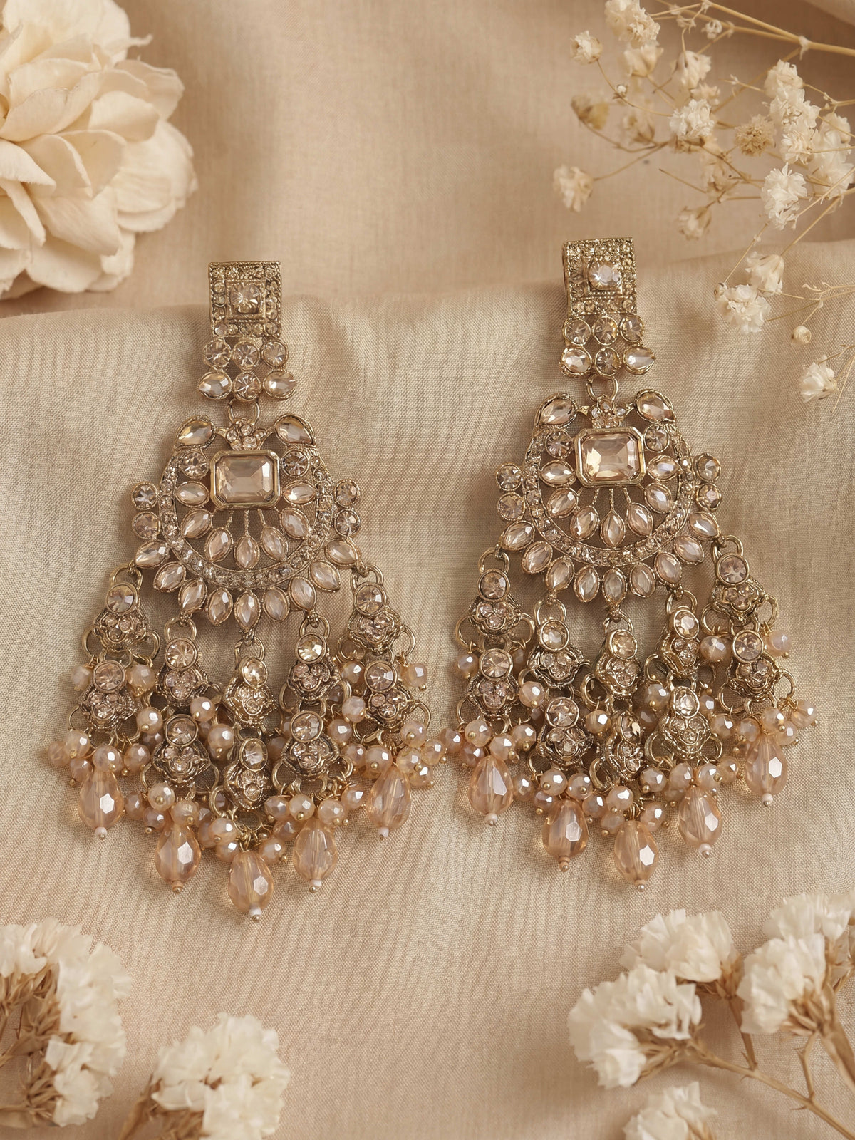 Antique Golden Champagne Stone Long Earrings for Women