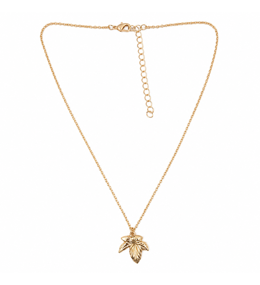 Gold leaf pendant necklace on white background
