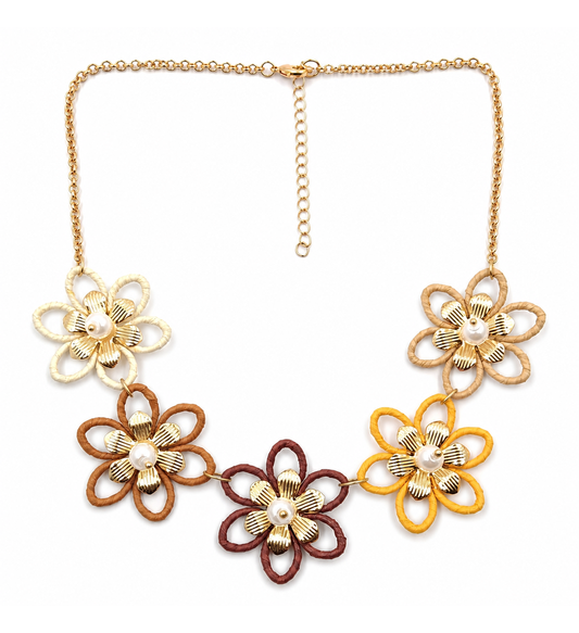 Brown floral pearl statement necklace on white background