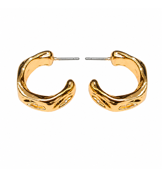 Gold sculpted wave hoop earrings pair on white background