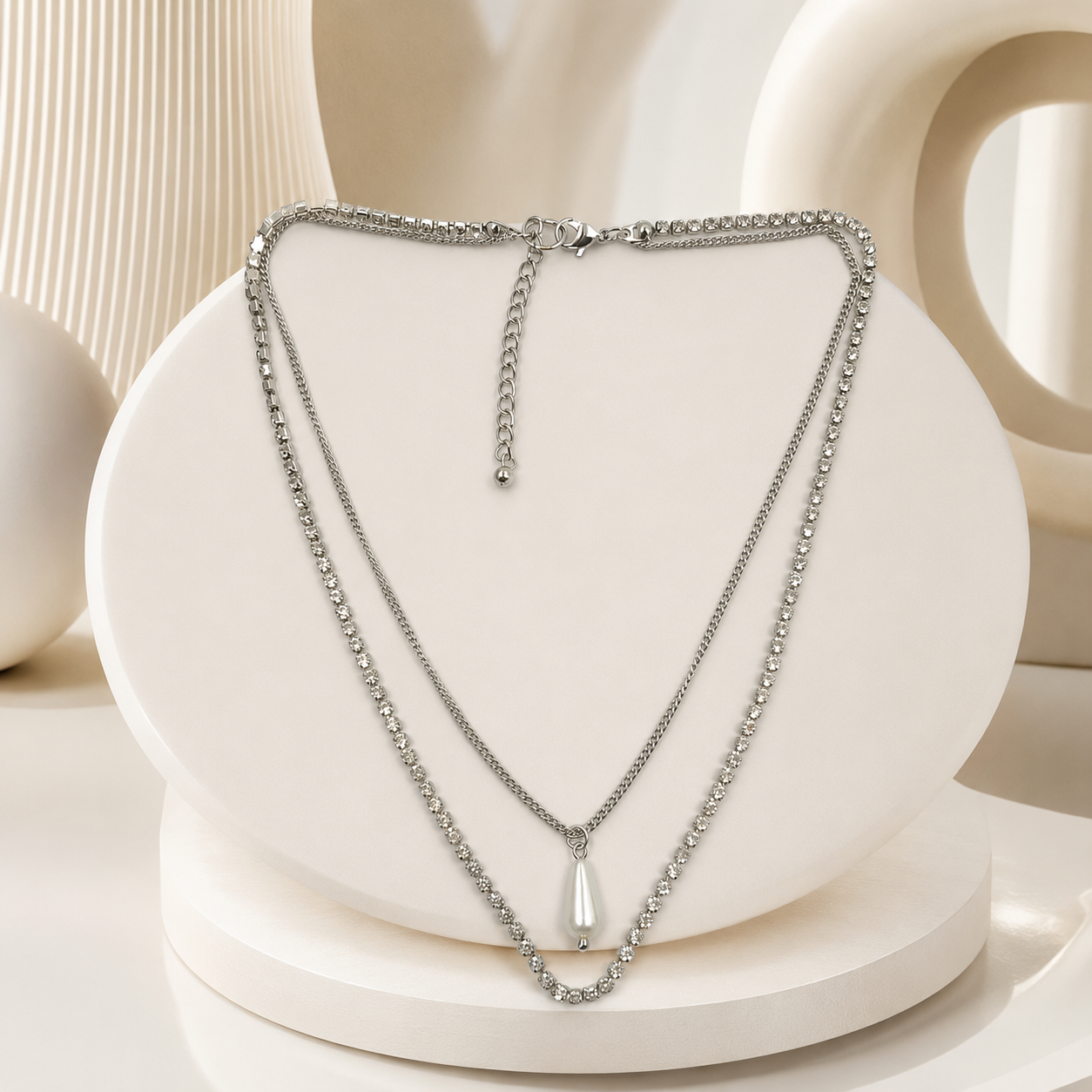 Gold Layered Pearl Drop Necklace with Stones