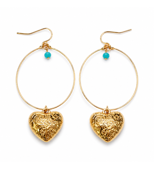 Gold heart charm hoop earrings pair on white background