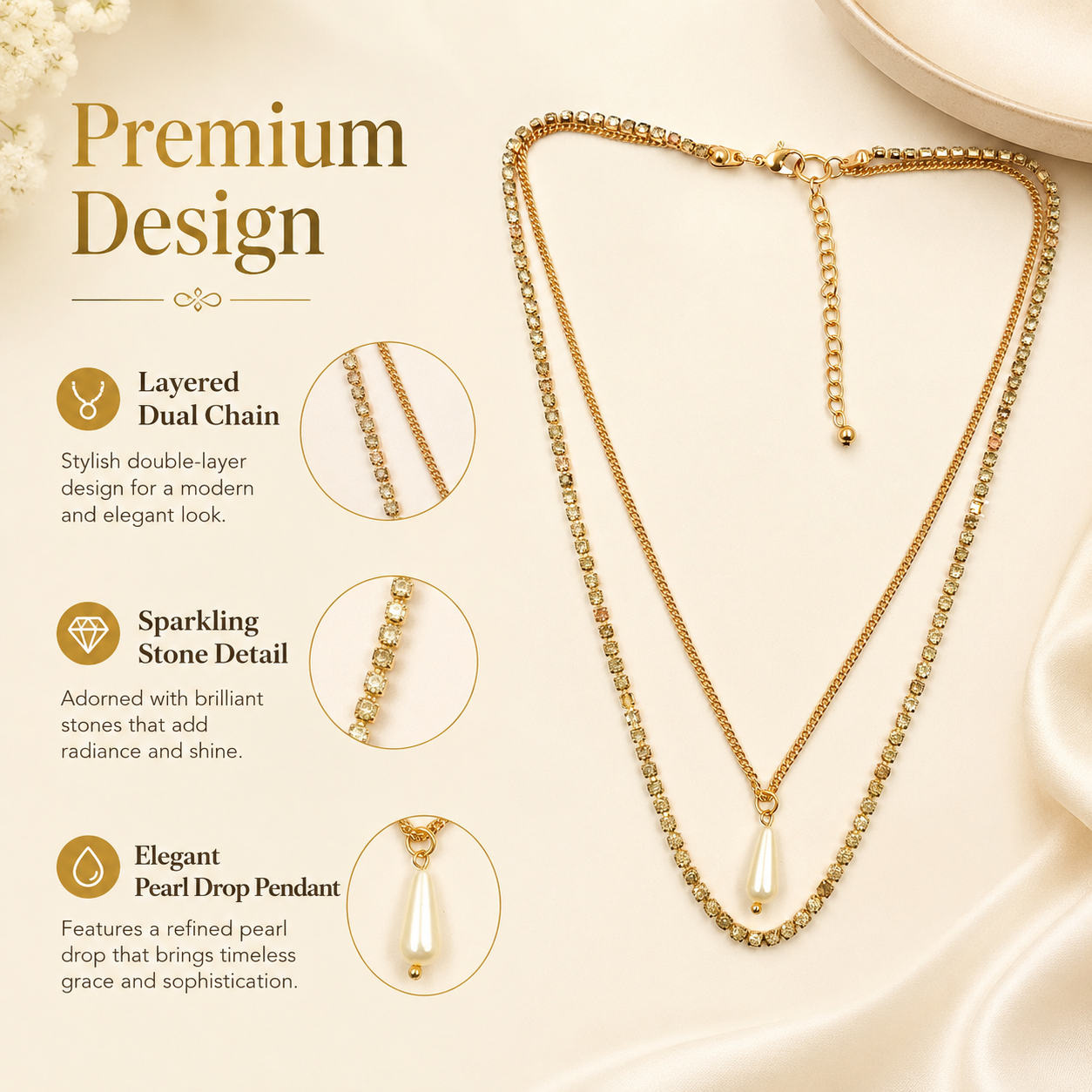 Gold Layered Pearl Drop Necklace with Stones