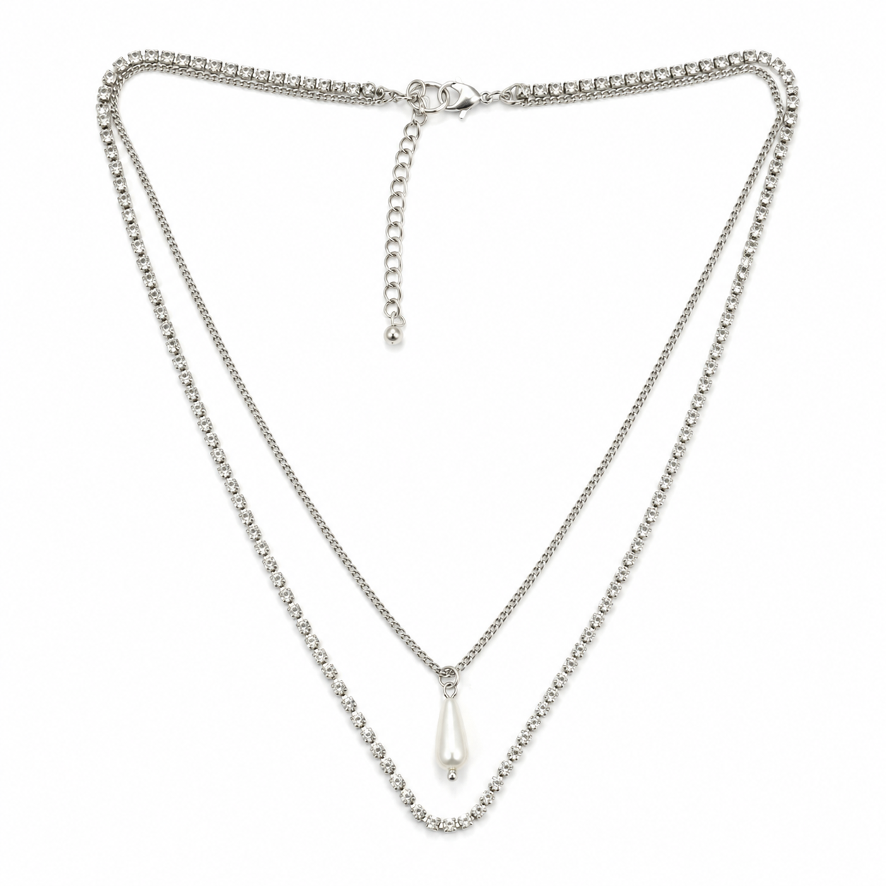 Gold Layered Pearl Drop Necklace with Stones