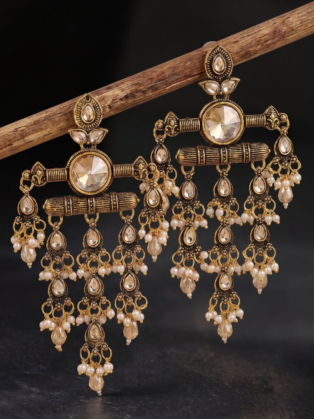 Statement Exquisitely Crafted Vintage Champagne Crystal Chandbali Earrings