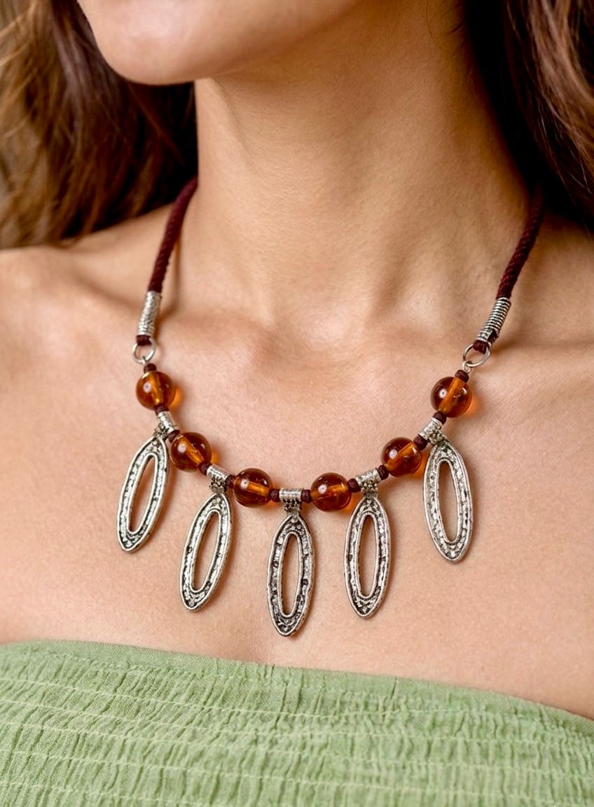 Silver Oval Frame Fringe Amber Glass Bead Necklace — handcrafted ethnic necklace India by HeerMaya