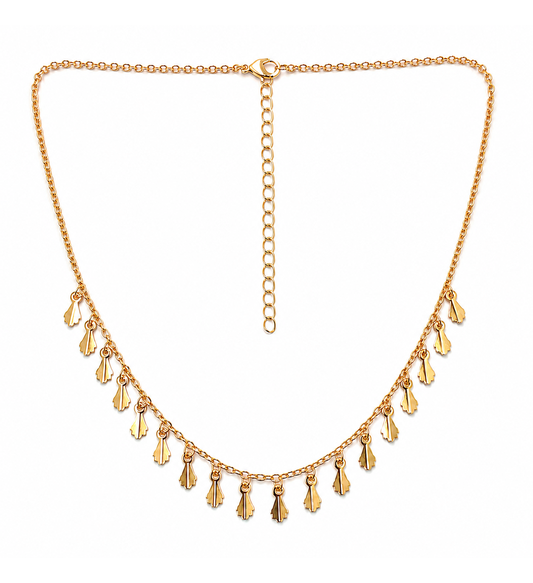 Gold leaf charm fringe necklace on white background