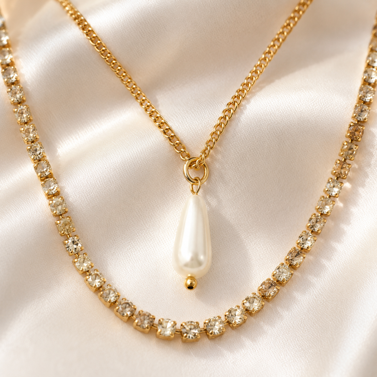 Gold Layered Pearl Drop Necklace with Stones