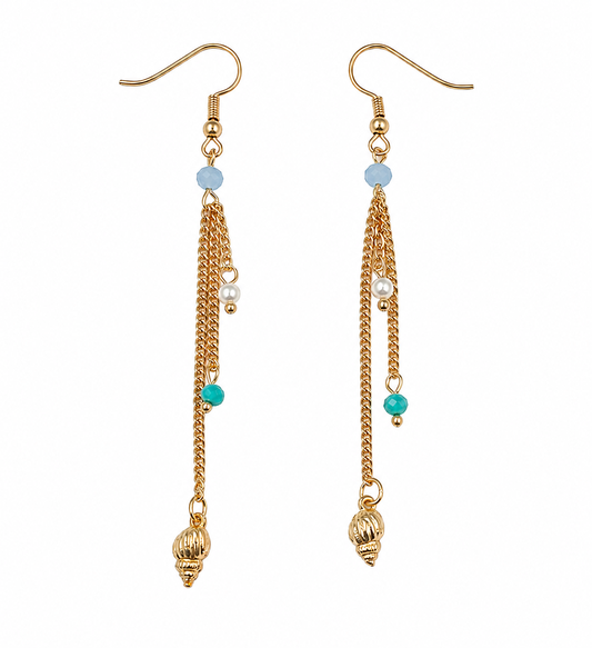 Gold seashell tassel drop earrings pair on white background