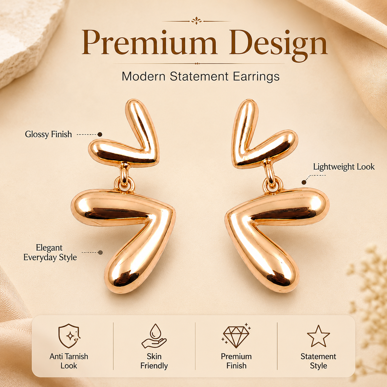 Rose gold sculpted earrings styled as elegant fashion jewellery
