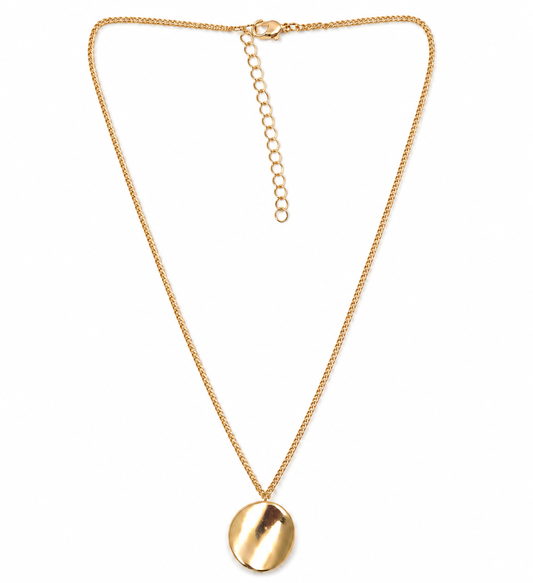 Gold round disc pendant necklace on white background