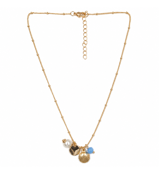 Gold seashell charm pendant necklace on white background