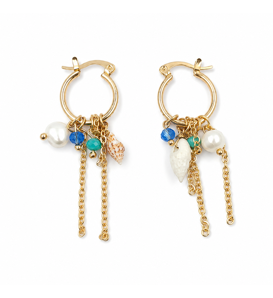 Gold seashell charm hoop earrings pair on white background