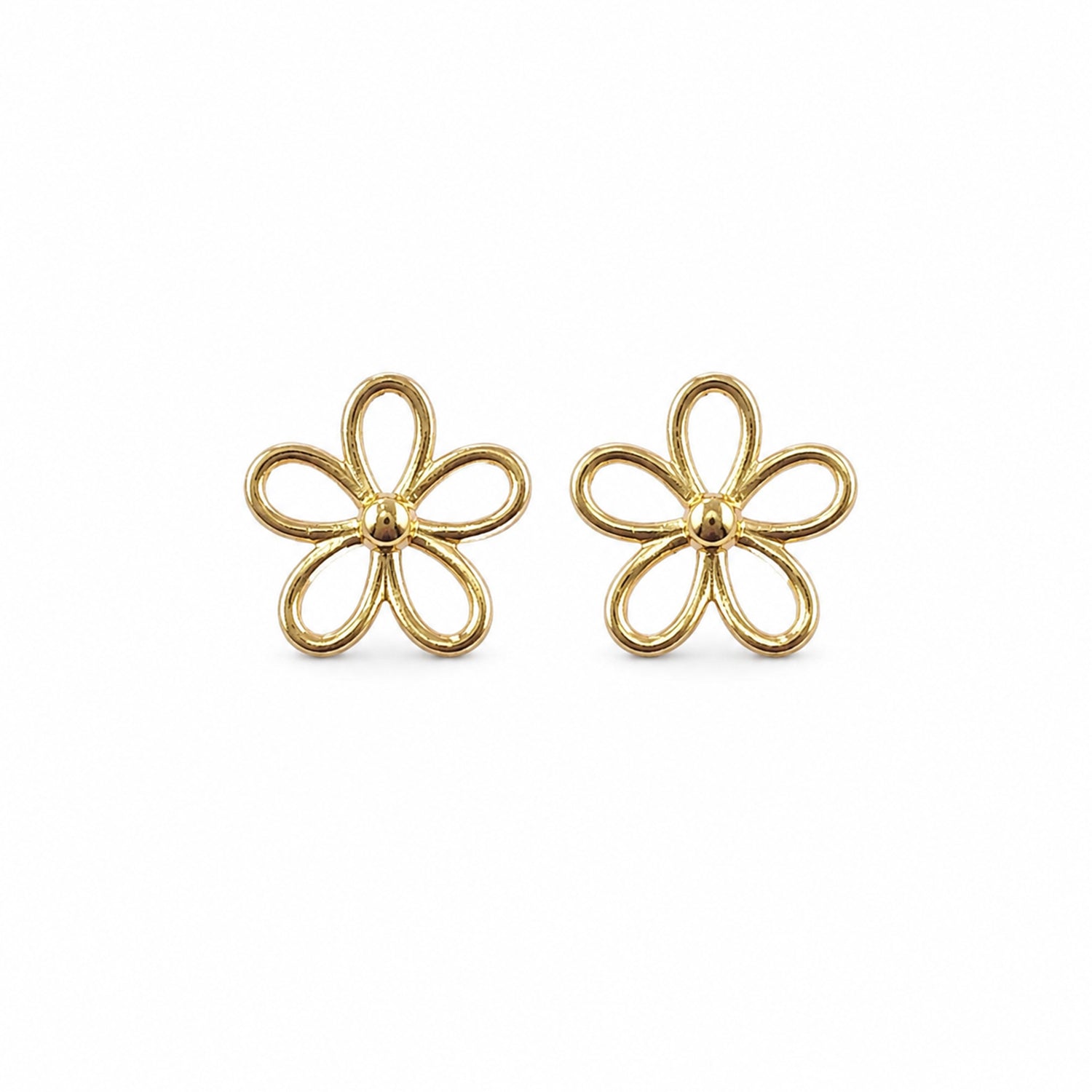 Gold outline flower stud earrings pair on white background