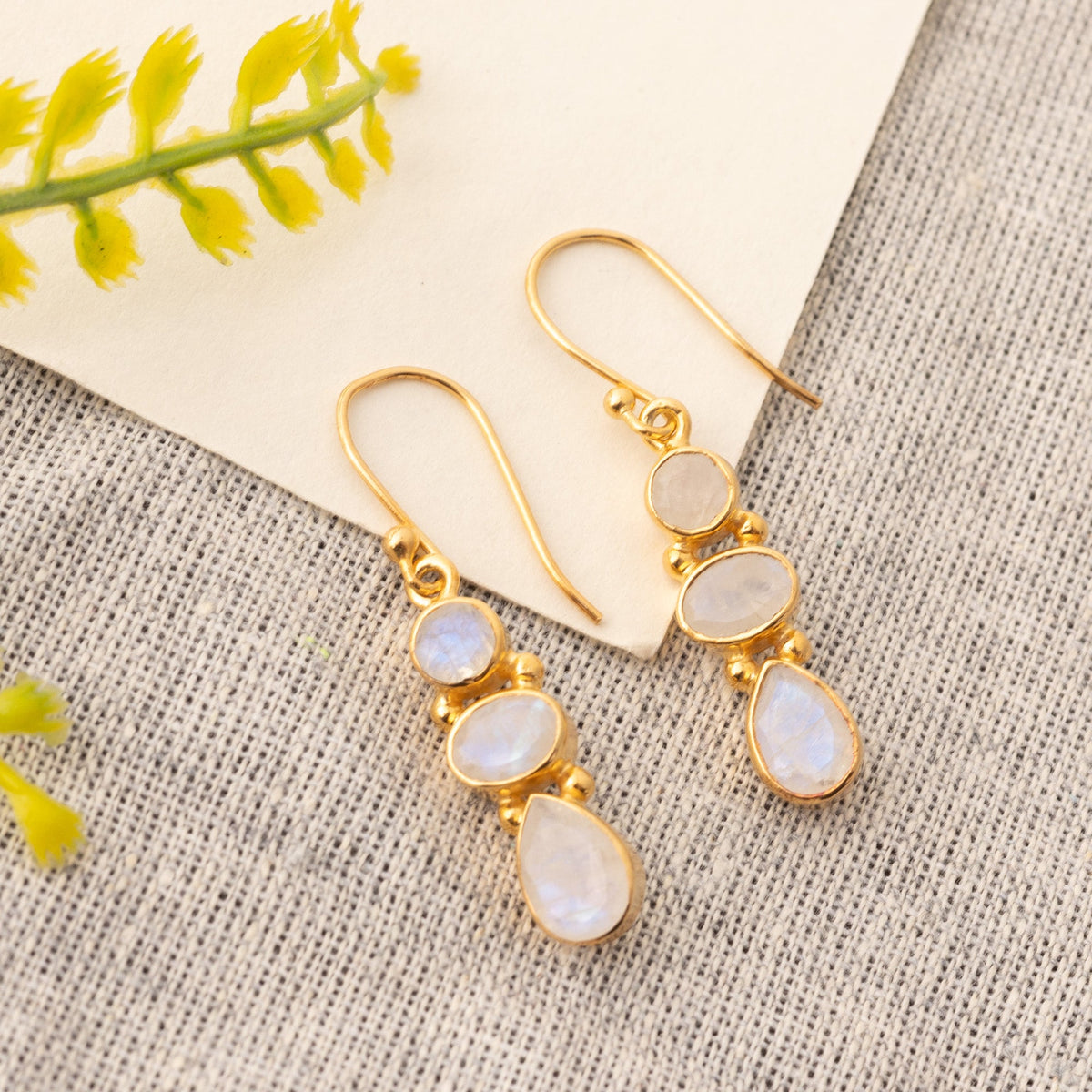 925 Sterling Silver Gold Plated Moonstone Earrings for Women | Natural Healing Gemstone Jewelry | Handmade Minimalist Design | Size 3.9x7 cm | 1 Pair