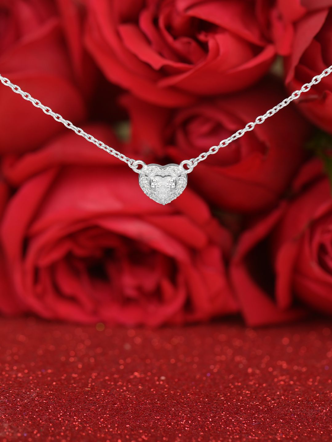 925 Sterling Silver Heart Pendant Necklace with Sparkling Stones