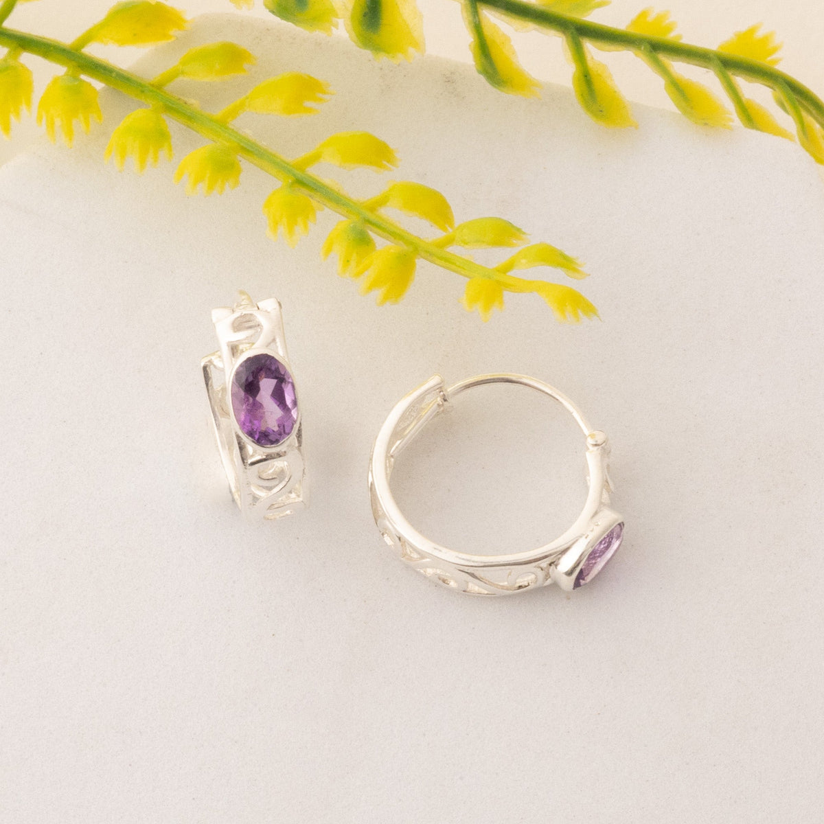 925 Sterling Silver Amethyst Earrings for Women | Handmade Natural Gemstone Jewelry | Healing Crystal Energy | Size 1.3x0.5 cm |  1 Pair