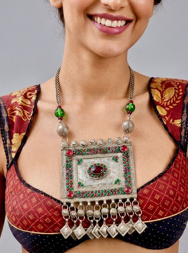 Afghan Kuchi Large Square Multistone Pendant Necklace — handcrafted tribal necklace India by HeerMaya