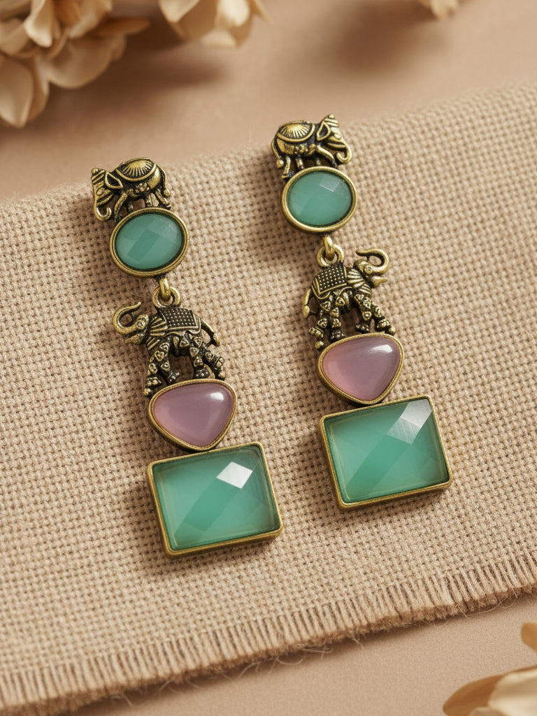 Outroyal Antique Gold-Tone Elephant Design Mint Green & Pink Stone Long Drop Earrings