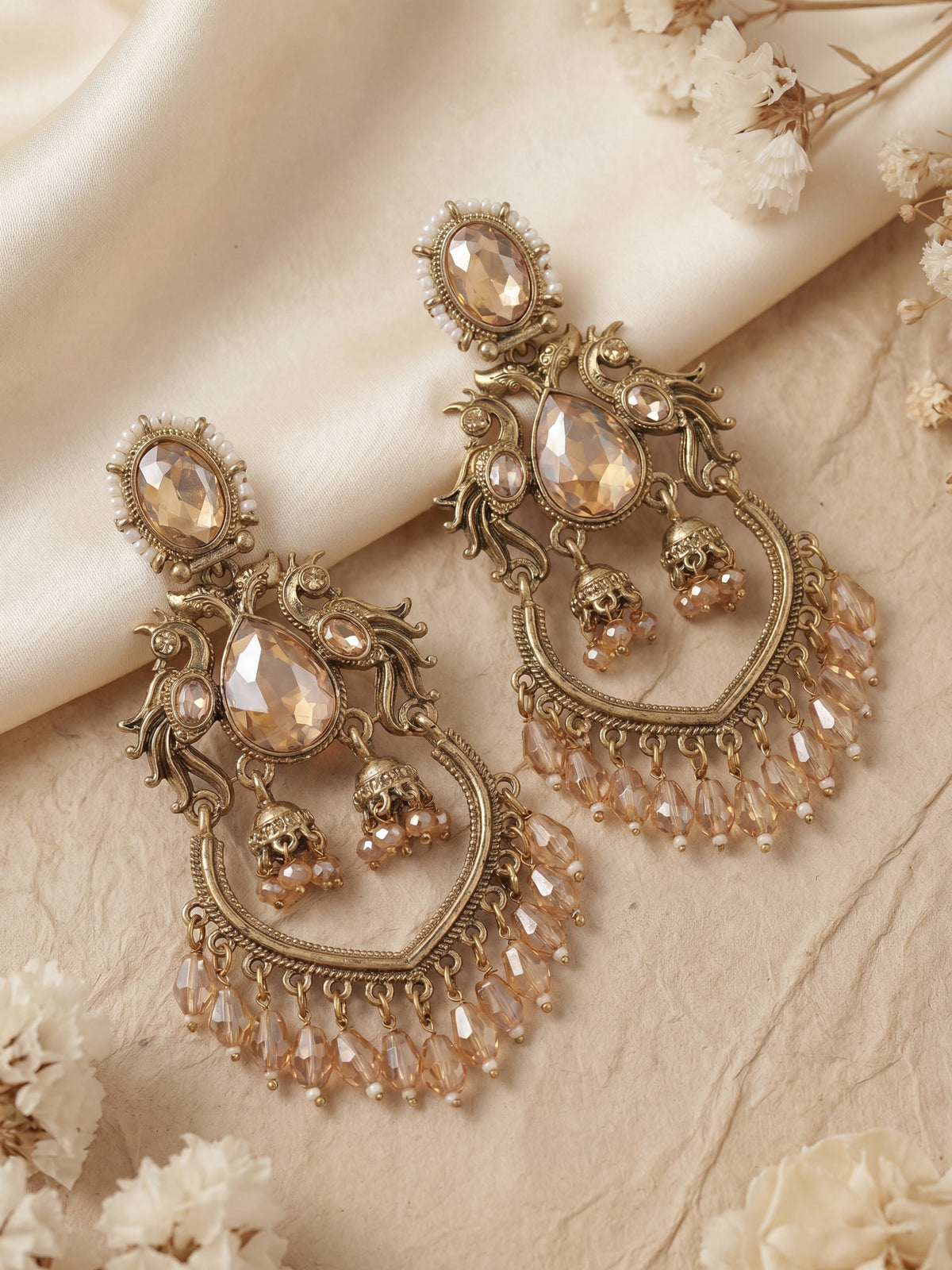 Antique Gold Champagne Stone Long Earrings for Women