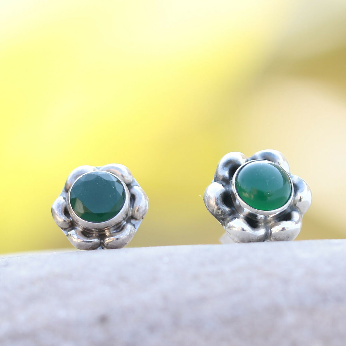 925 Sterling Silver Green Onyx Eartops for Women | Natural Green Gemstone Stud Earrings | Minimalist Silver Jewelry