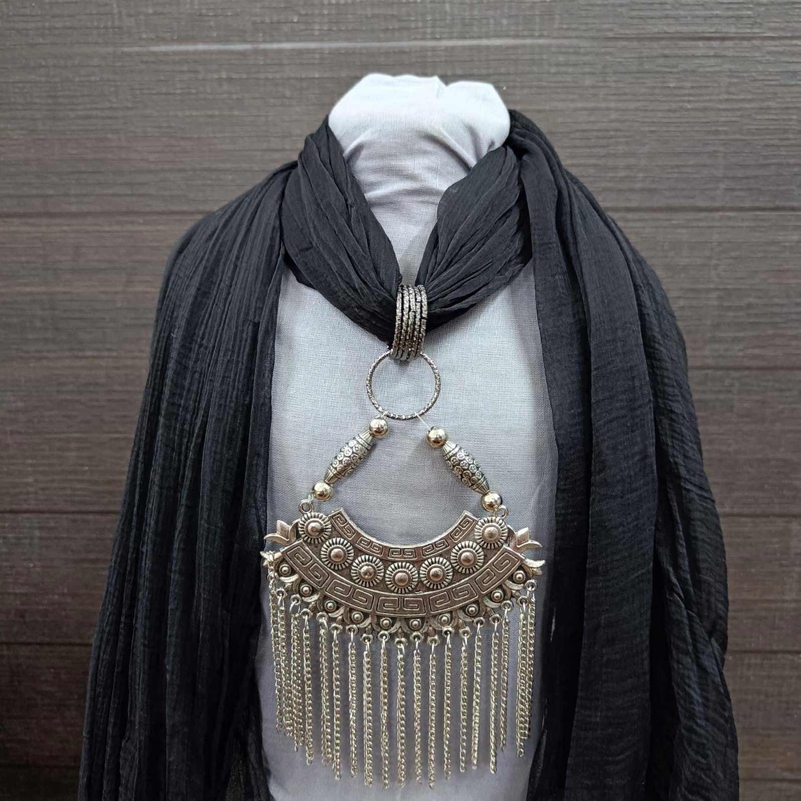 Black Georgette Scarf With Oxidized Motif