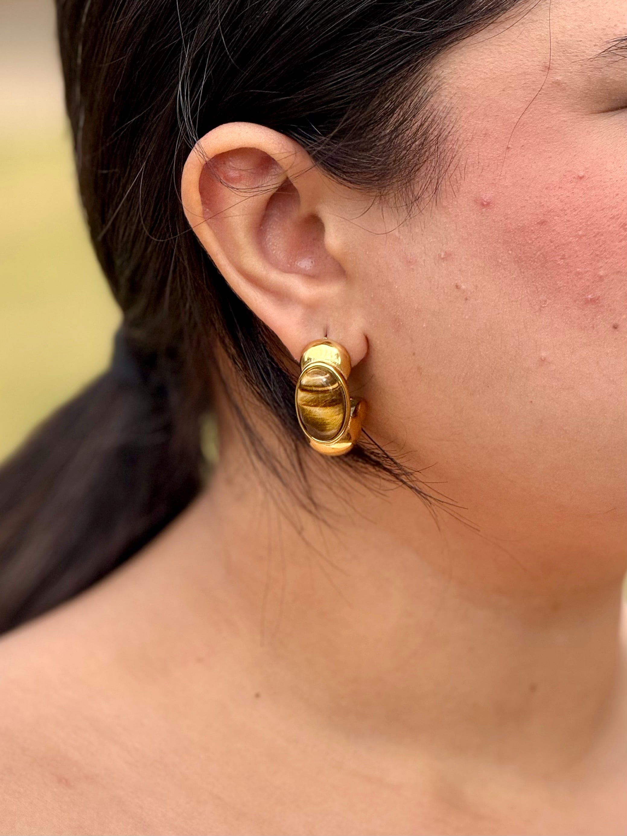 Pair of Amber huggies �? 18k gold-plated earthy tiger-eye huggies for everyday and gifting.