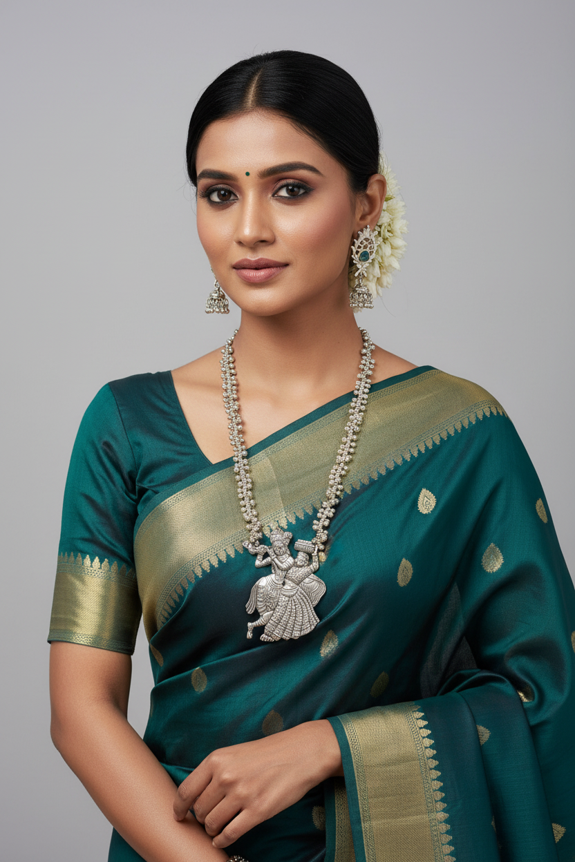 Divine Melody Oxidized Krishna Radha Necklace Set-Handmade