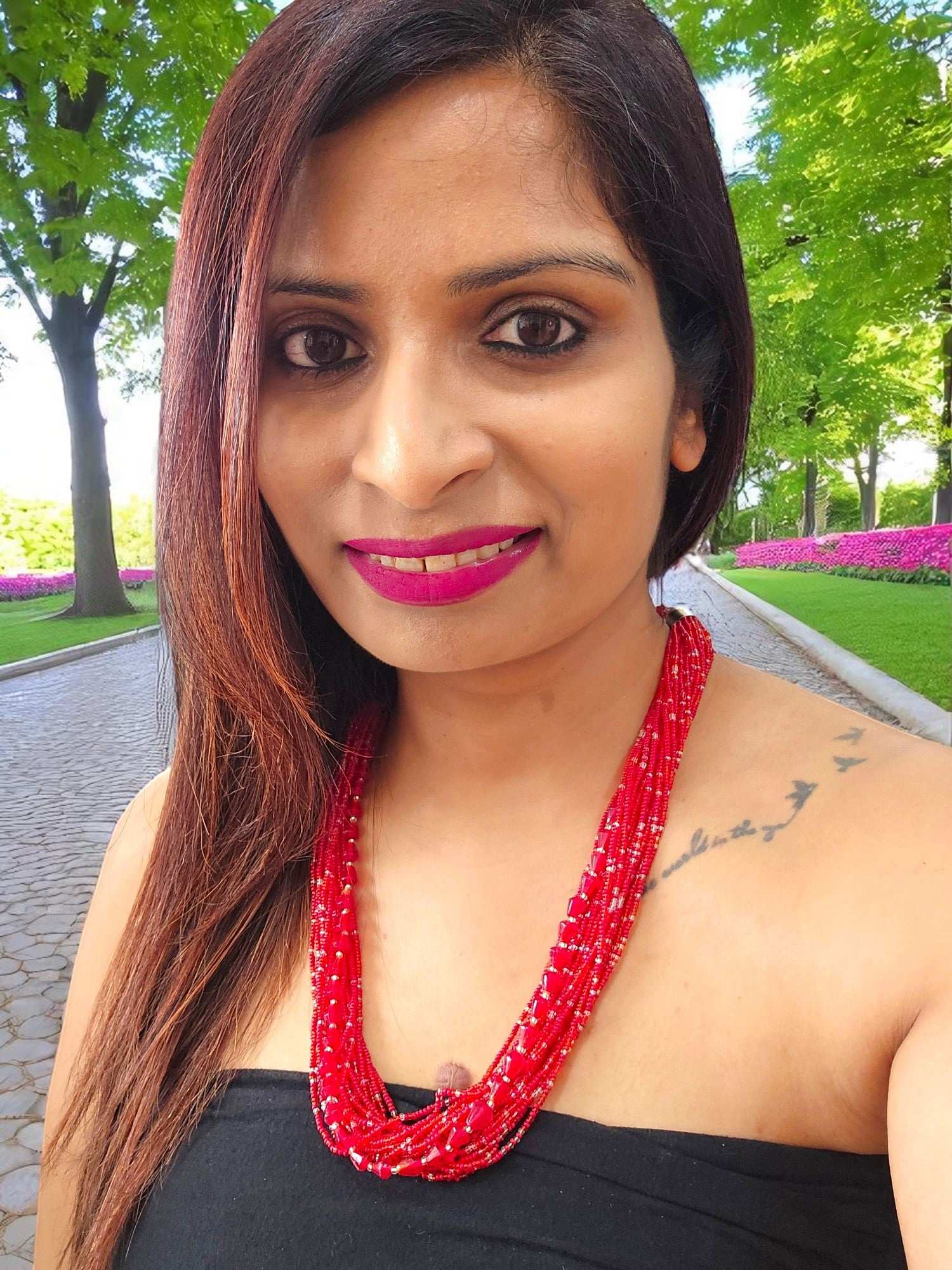 Crimson Luxe â€“ Multi-Layered Glass & Crystal Bead Adjustable Statement Handmade Necklace