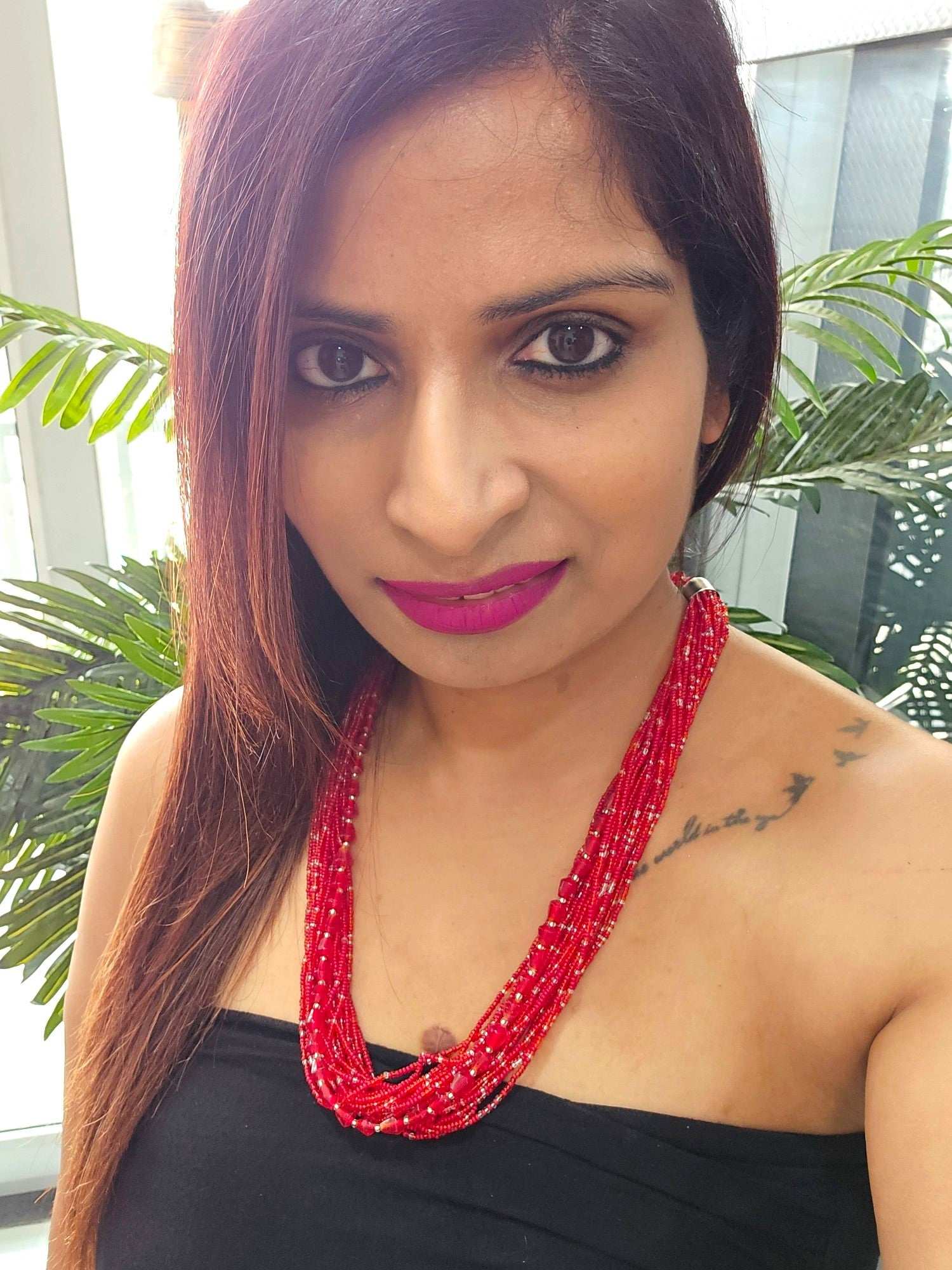 Crimson Luxe â€“ Multi-Layered Glass & Crystal Bead Adjustable Statement Handmade Necklace