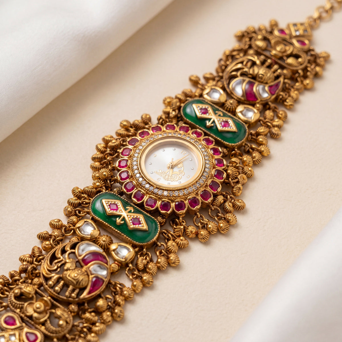 Antique Gold White Dial Peacock Motif Ruby Bezel Green Meenakari Temple Bracelet Watch for Women & Girls | Stylish Watch | Wrist Watches for Girls | Ideal for gifting | Gift for Diwali, Christmas, Marriage, Birthday, anniversary, wedding