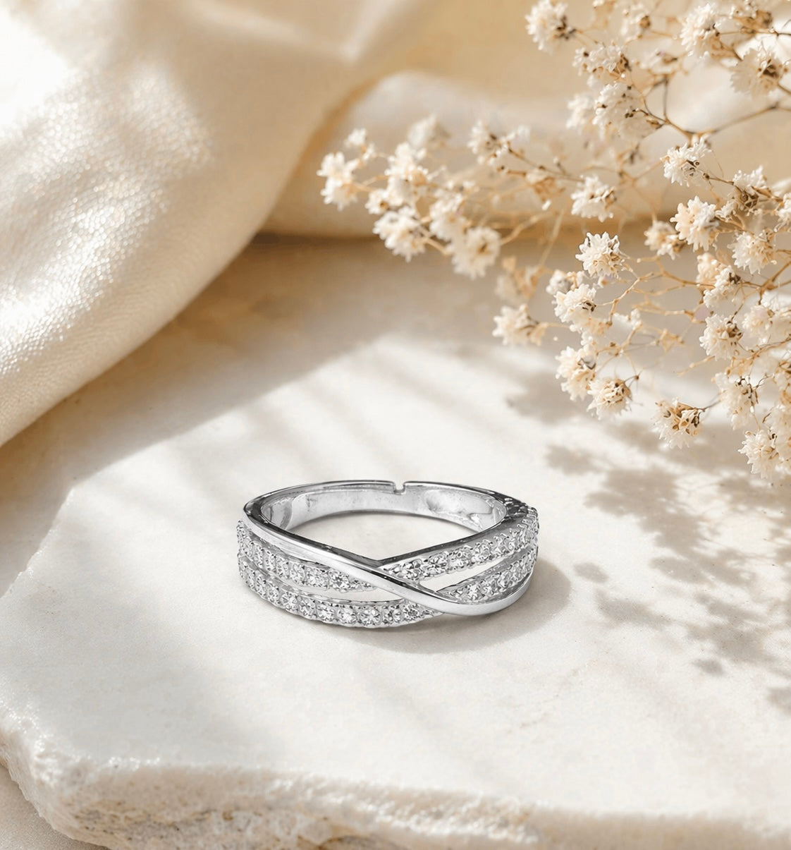 925 Sterling Silver Rhodium Plated Criss-Cross Infinity Micro-Pave Eternity Ring