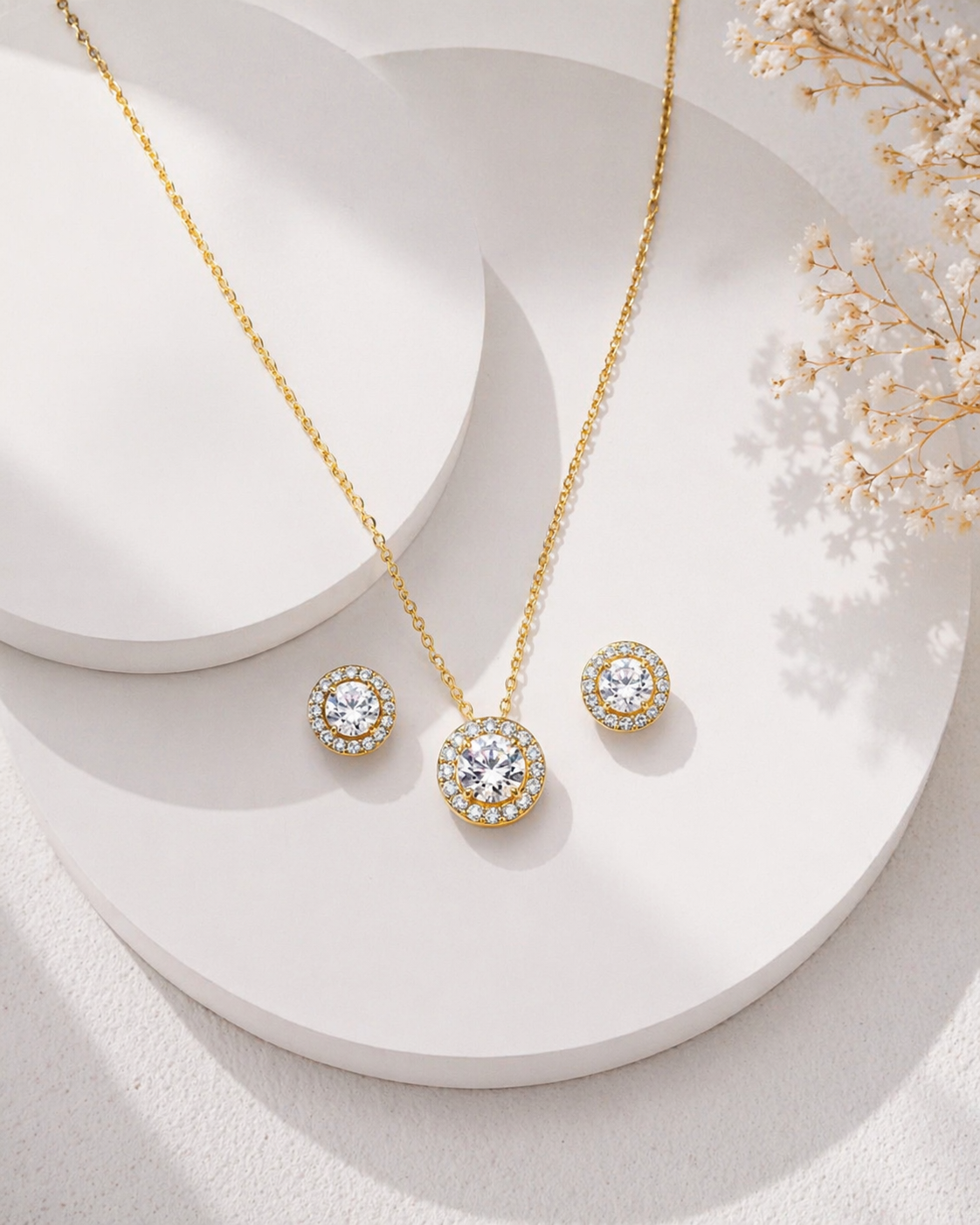 925 Sterling Silver Gold Plated Round Micro-Pave Halo Jewelry set