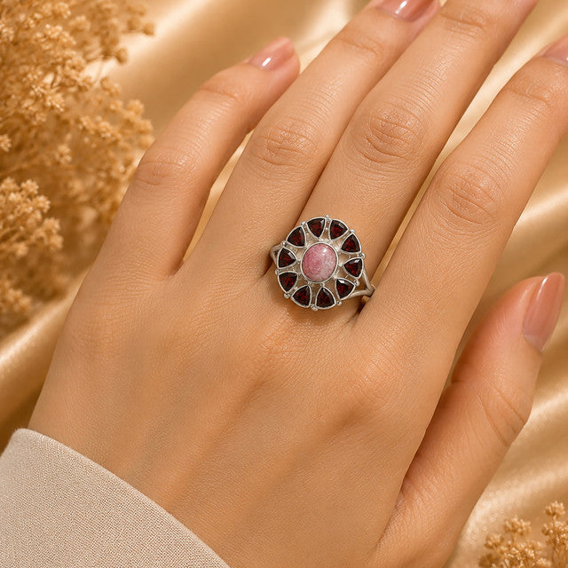 925 Sterling Silver Multi Garnet Flower Ring for Women with Oval Center Stone and Faceted Petal Gemstones