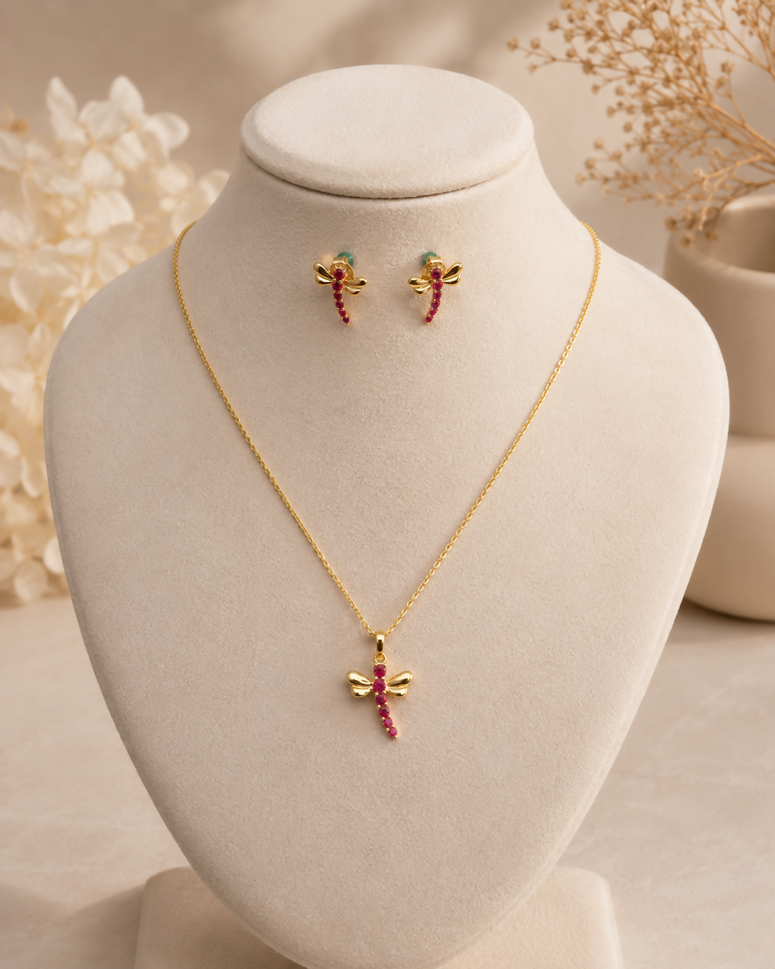 Ruby Dragonfly Gold Plated 925 Sterling Silver Jewellery Set