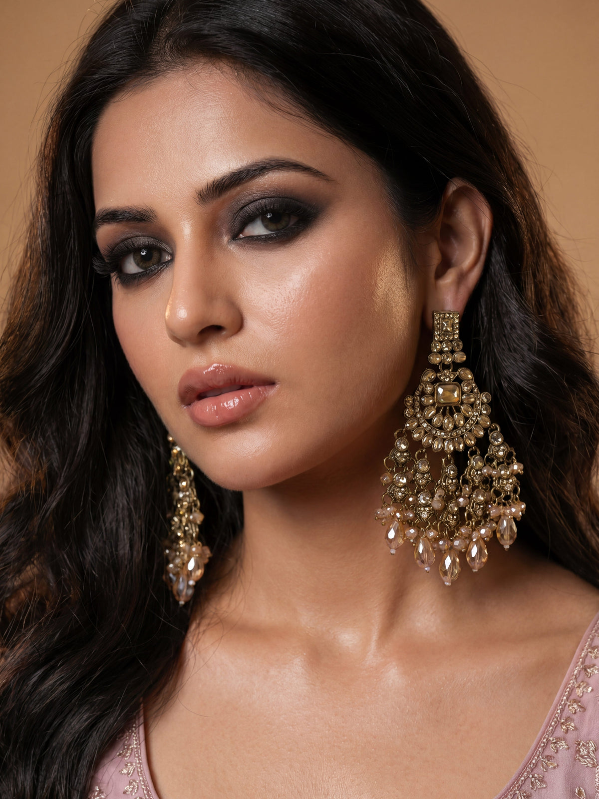 Antique Golden Champagne Stone Long Earrings for Women