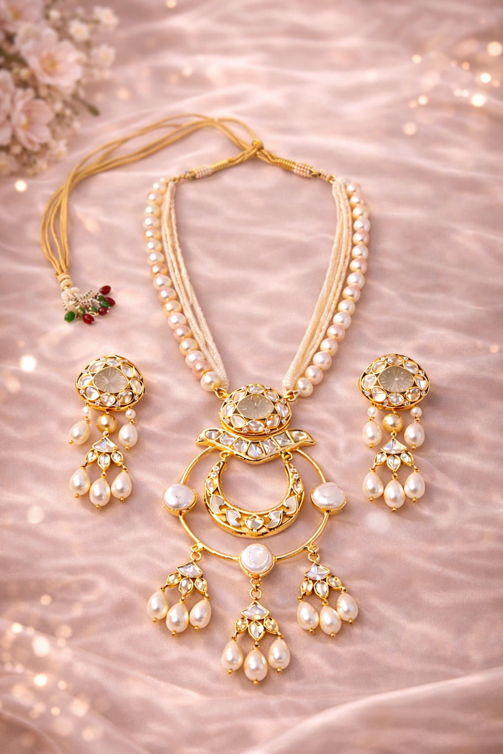 Gold Plated Kundan & Semi Cultured Pearl Choker Set with Dangle Earrings