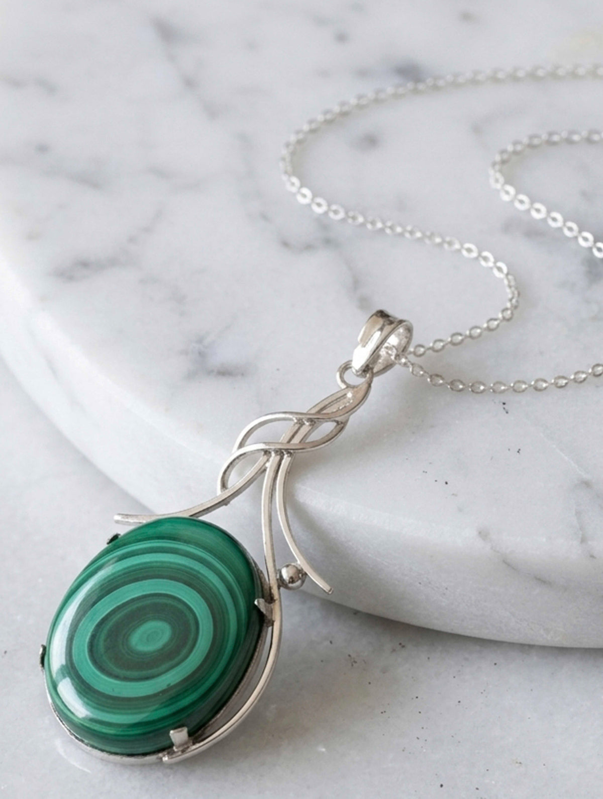 925 Sterling Silver Malachite Pendant With 18 Inch Chain Handmade Gemstone Necklace for Women Elegant Jewelry Gift