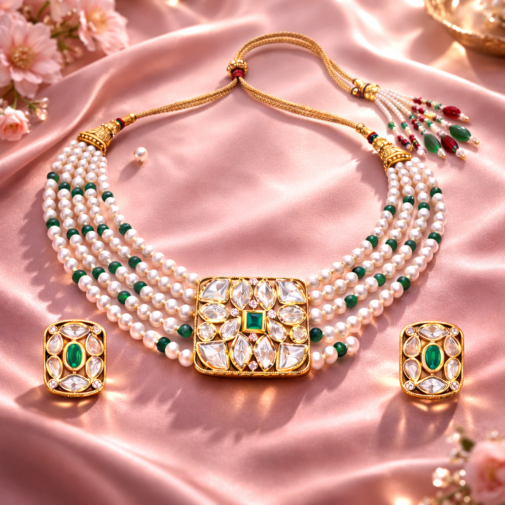 Gold Plated Green Kundan Semi Cultured Pearl Choker Set