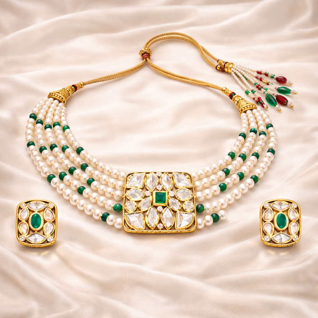 Gold Plated Green Kundan Semi Cultured Pearl Choker Set