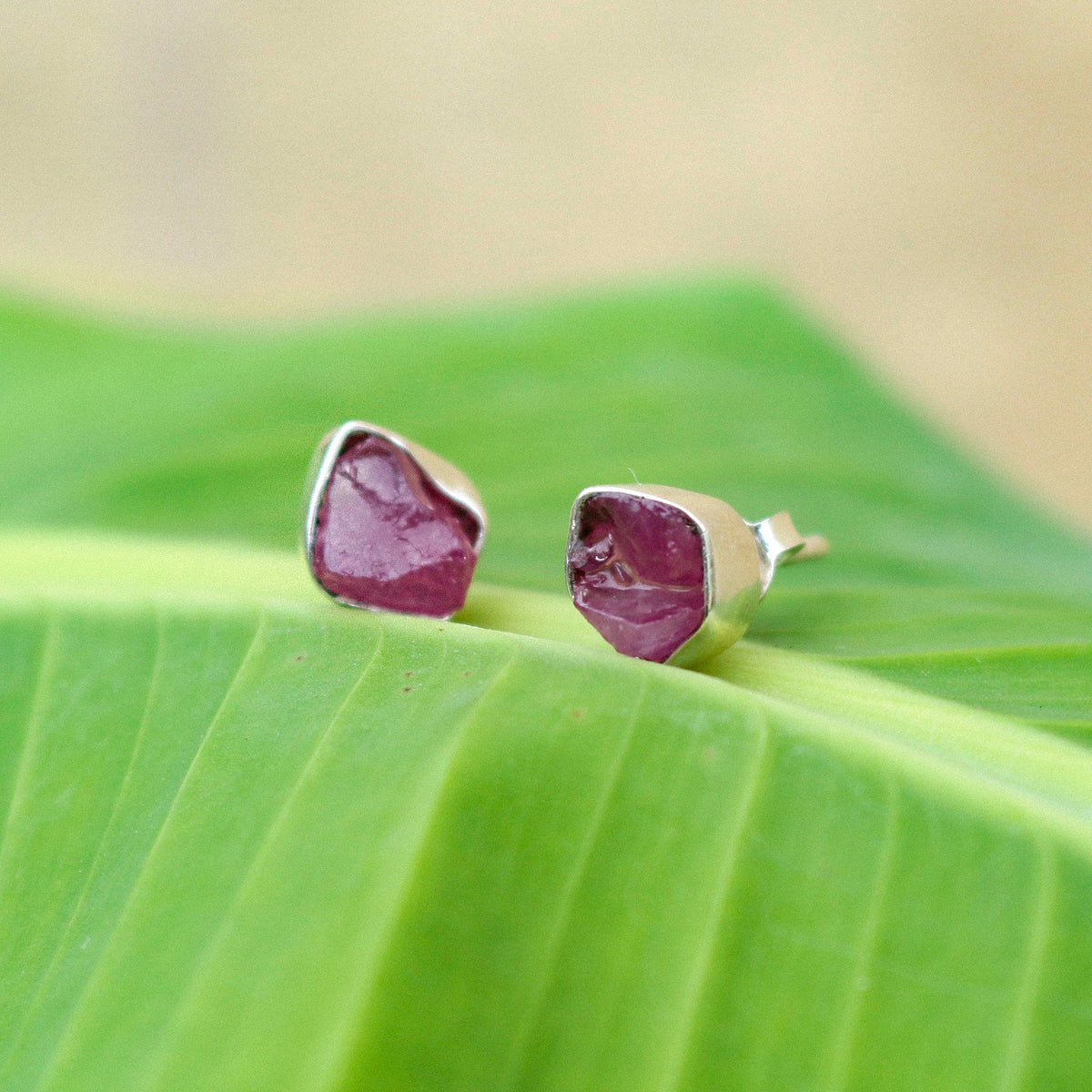 925 Sterling Silver Ruby uncut Stud Earrings for Women | Handcrafted Pink Ruby Gemstone Push Back Eartops | Daily & Festive Wear